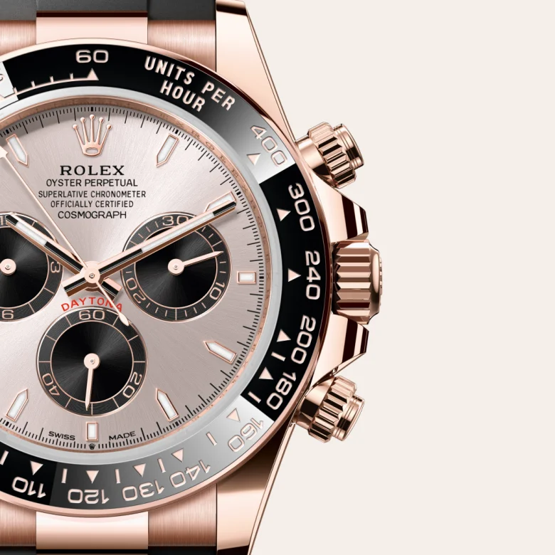 A close-up view of the The Rolex Cosmograph Daytona in Everose gold. - Chang Ein Hong