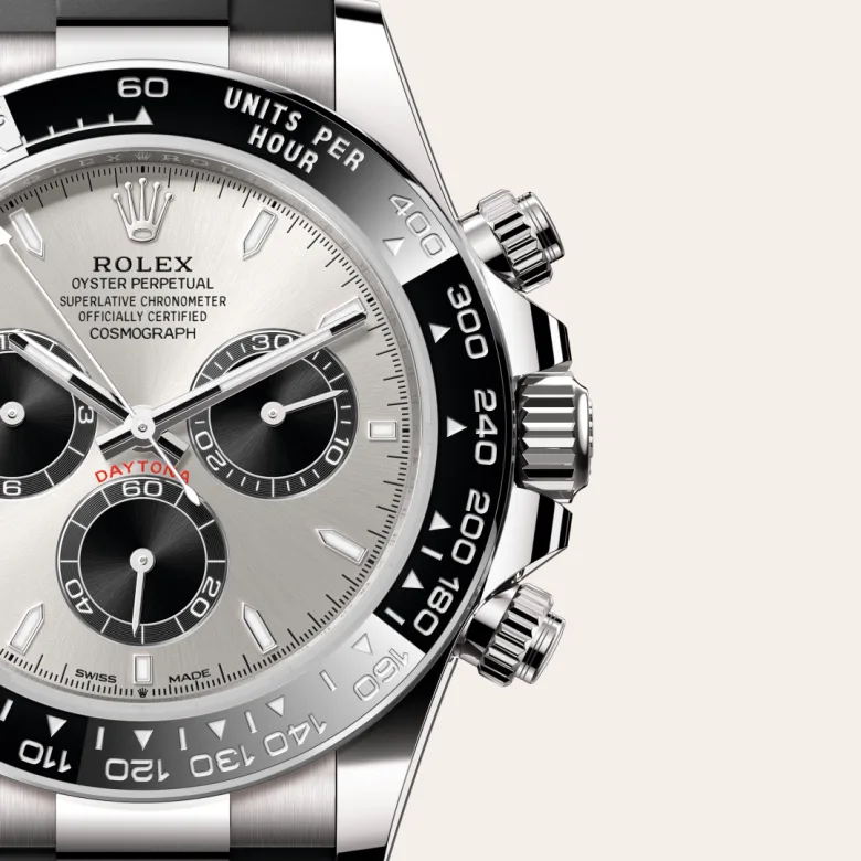 A close-up view of the The Rolex Cosmograph Daytona in white gold. - Chang Ein Hong