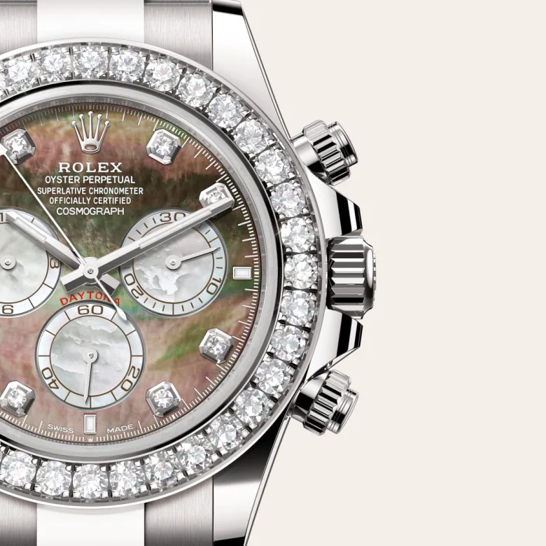 A close-up view of the The Rolex Cosmograph Daytona in white gold and diamonds. - Chang Ein Hong