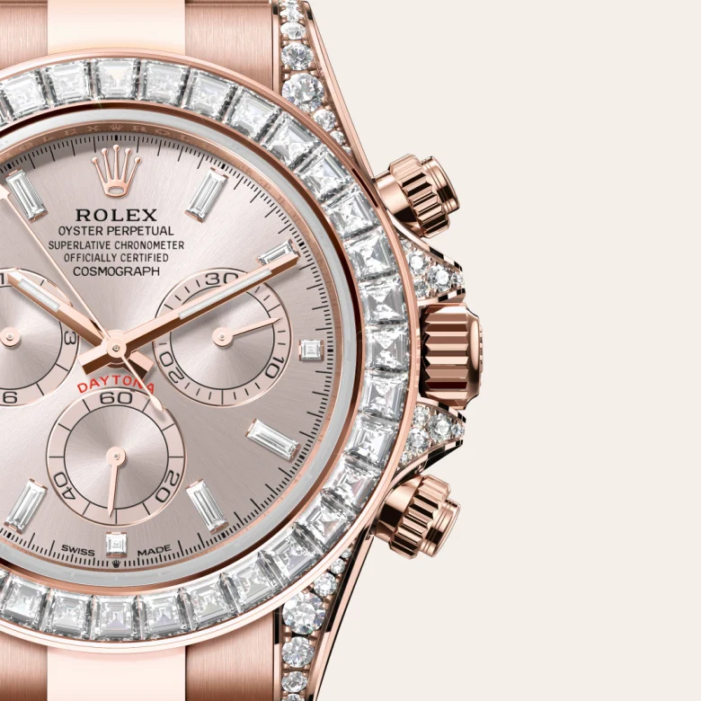 A close-up view of the The Rolex Cosmograph Daytona in Everose gold and diamonds. - Chang Ein Hong