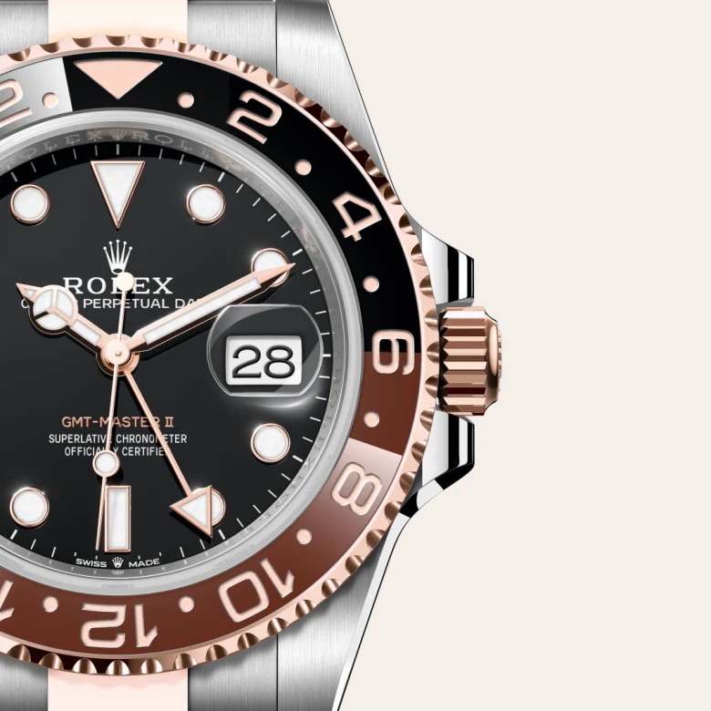 A close-up view of the The Rolex GMT-Master II in Oystersteel and Everose gold. - Chang Ein Hong