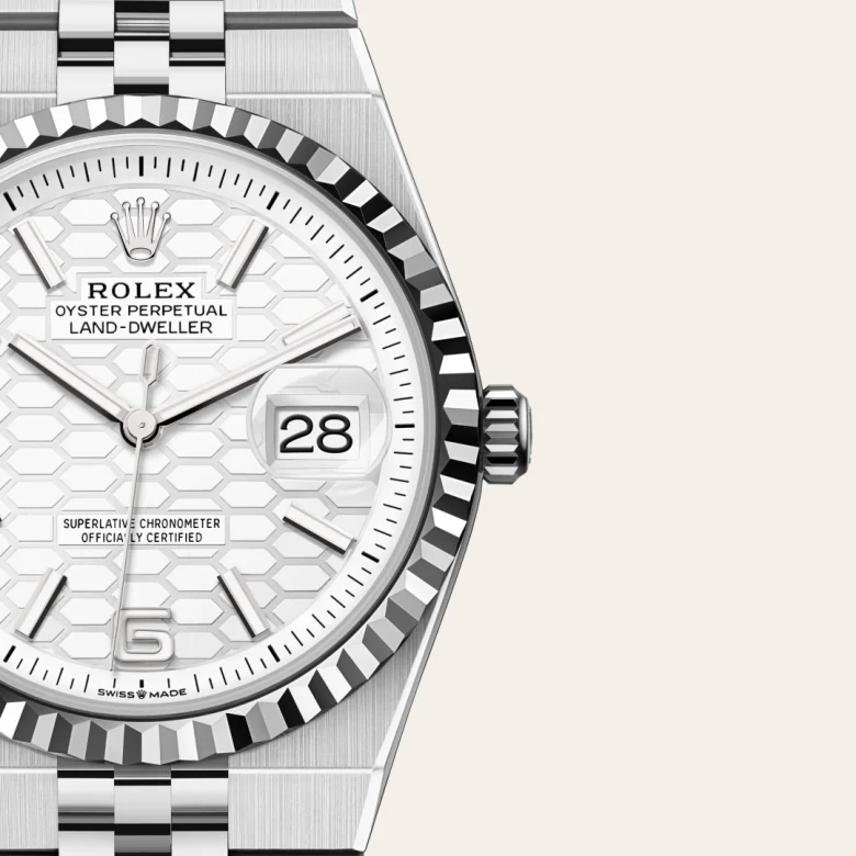A close-up view of the The Rolex Land-Dweller 36 in Oystersteel and white gold. - Chang Ein Hong