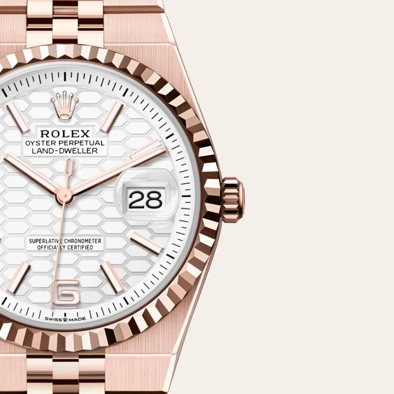 A close-up view of the The Rolex Land-Dweller 36 in Everose gold. - Chang Ein Hong
