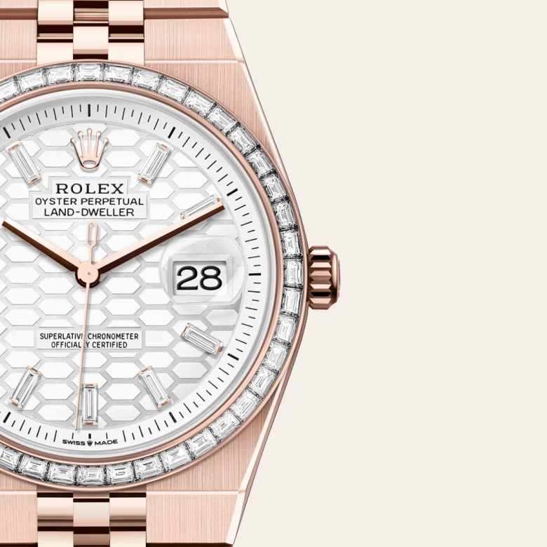A close-up view of the The Rolex Land-Dweller 36 in Everose gold and diamonds. - Chang Ein Hong