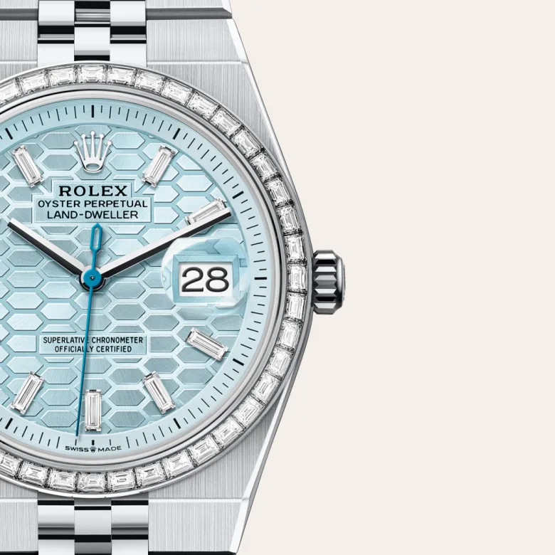 A close-up view of the The Rolex Land-Dweller 36 in platinum and diamonds. - Chang Ein Hong