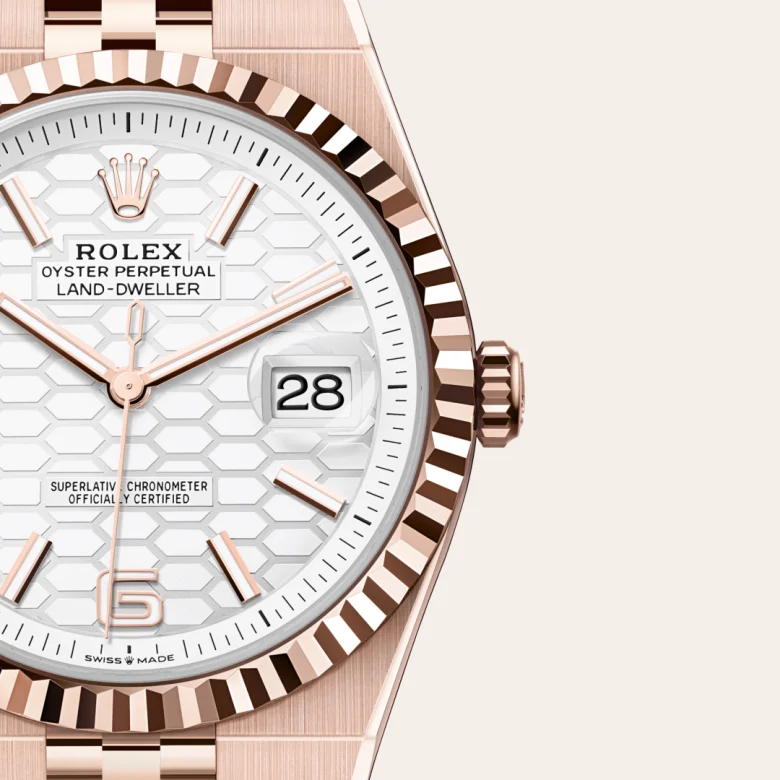 A close-up view of the The Rolex Land-Dweller 40 in Everose gold. - Chang Ein Hong