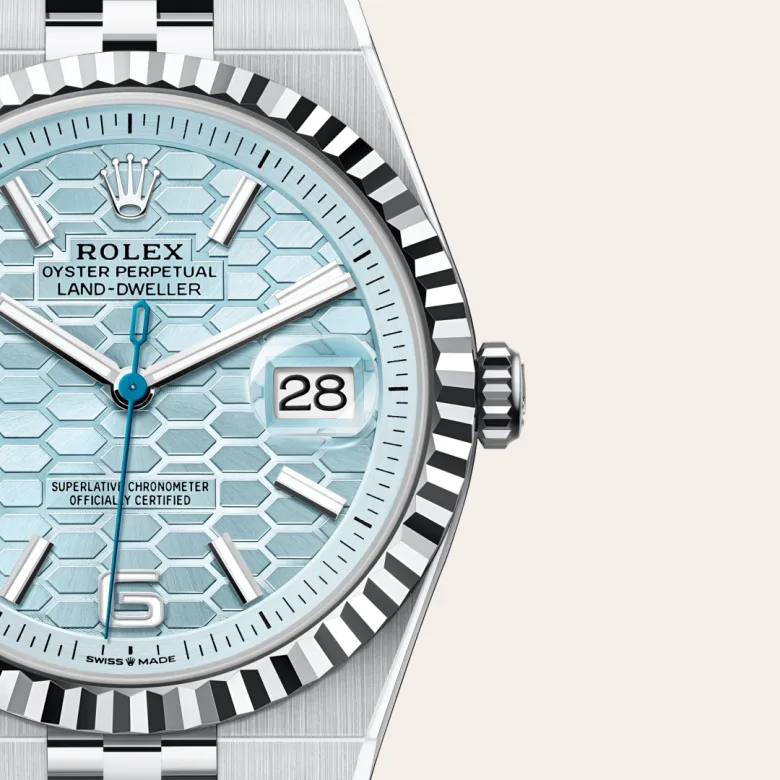 A close-up view of the The Rolex Land-Dweller 40 in platinum. - Chang Ein Hong