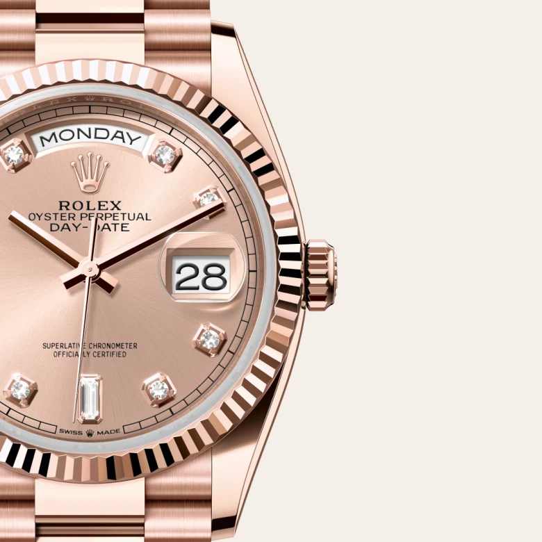 A close-up view of the The Rolex Day-Date 36 in Everose gold. - Chang Ein Hong