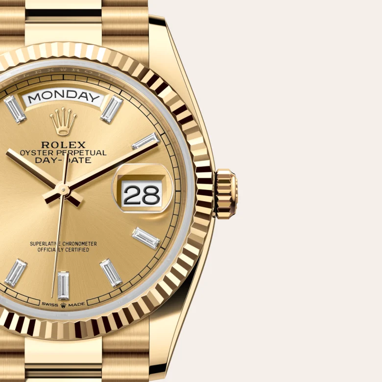 A close-up view of the The Rolex Day-Date 36 in yellow gold. - Chang Ein Hong