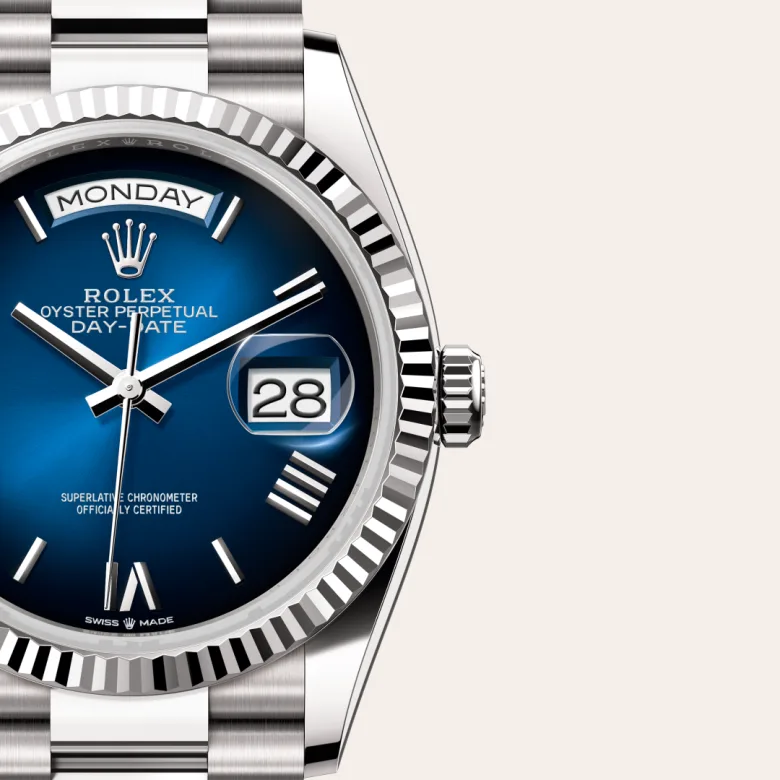 A close-up view of the The Rolex Day-Date 36 in white gold. - Chang Ein Hong