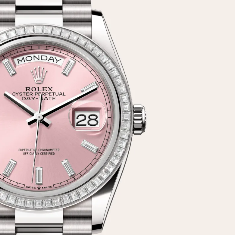 A close-up view of the The Rolex Day-Date 36 in white gold and diamonds. - Chang Ein Hong