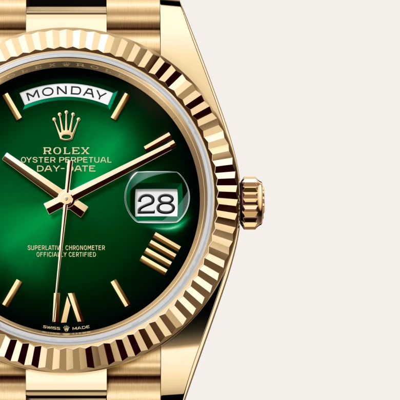 A close-up view of the The Rolex Day-Date 40 in yellow gold. - Chang Ein Hong