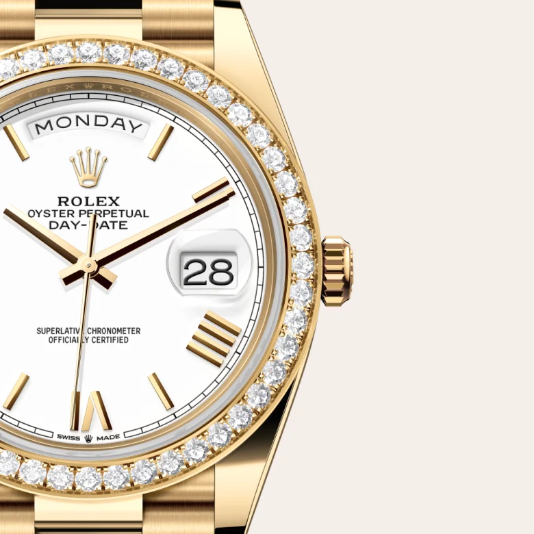 A close-up view of the The Rolex Day-Date 40 in yellow gold and diamonds. - Chang Ein Hong