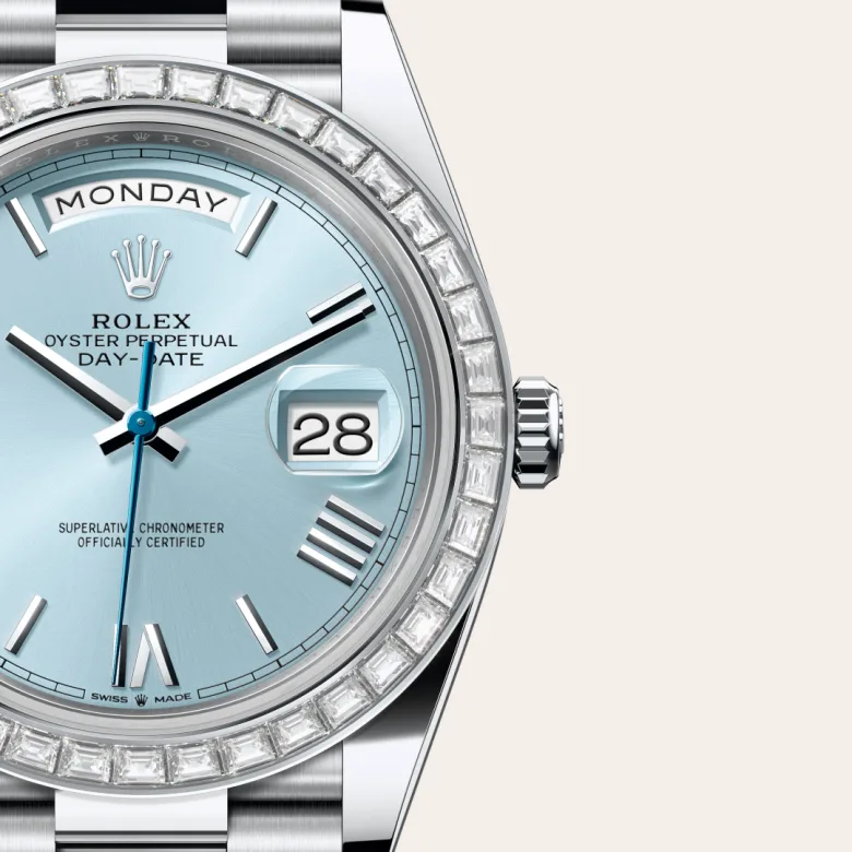 A close-up view of the The Rolex Day-Date 40 in platinum and diamonds. - Chang Ein Hong