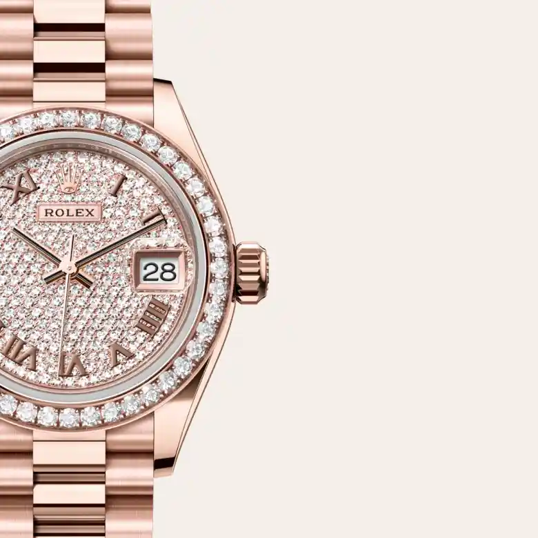 A close-up view of the The Rolex Lady-Datejust in Everose gold and diamonds. - Chang Ein Hong