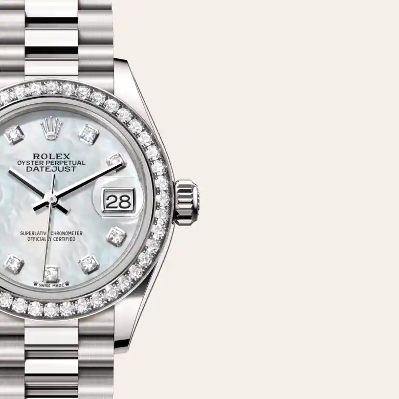 A close-up view of the The Rolex Lady-Datejust in white gold and diamonds. - Chang Ein Hong