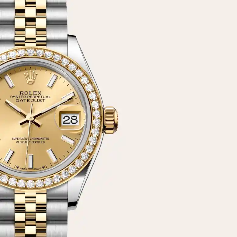 A close-up view of the The Rolex Lady-Datejust in Oystersteel, yellow gold and diamonds. - Chang Ein Hong