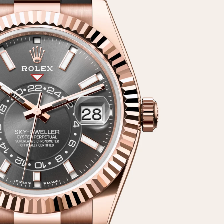 A close-up view of the The Rolex Sky-Dweller in Everose gold. - Chang Ein Hong