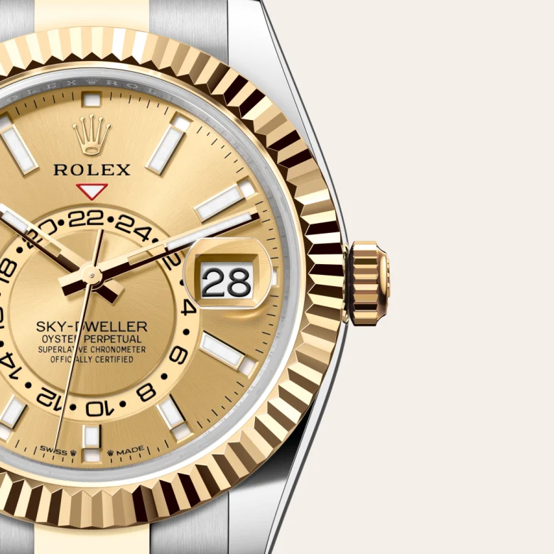 A close-up view of the The Rolex Sky-Dweller in Oystersteel and yellow gold. - Chang Ein Hong