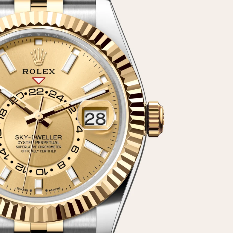 A close-up view of the The Rolex Sky-Dweller in Oystersteel and yellow gold. - Chang Ein Hong