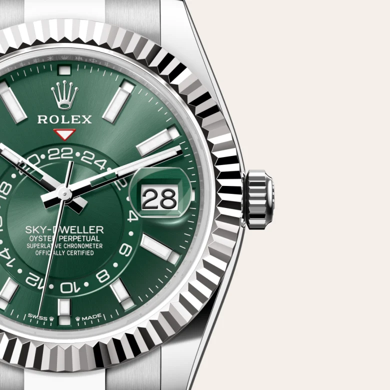 A close-up view of the The Rolex Sky-Dweller in Oystersteel and white gold. - Chang Ein Hong