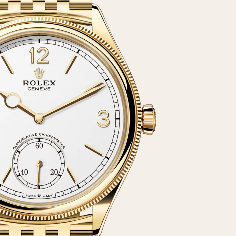 A close-up view of the The Rolex 1908 in 18 ct yellow gold, polished finish. - Chang Ein Hong