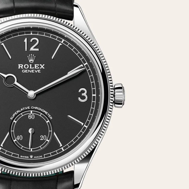 A close-up view of the The Rolex 1908 in 18 ct white gold, polished finish. - Chang Ein Hong