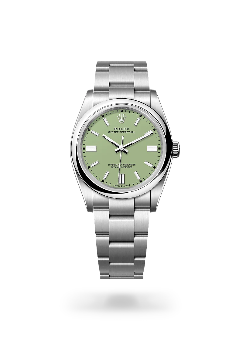Rolex Oyster Perpetual 36 in Oystersteel with domed bezel, pistachio green lacquer dial, applied index hour markers, and three-piece Oyster bracelet with Oysterclasp. - Chang Ein Hong