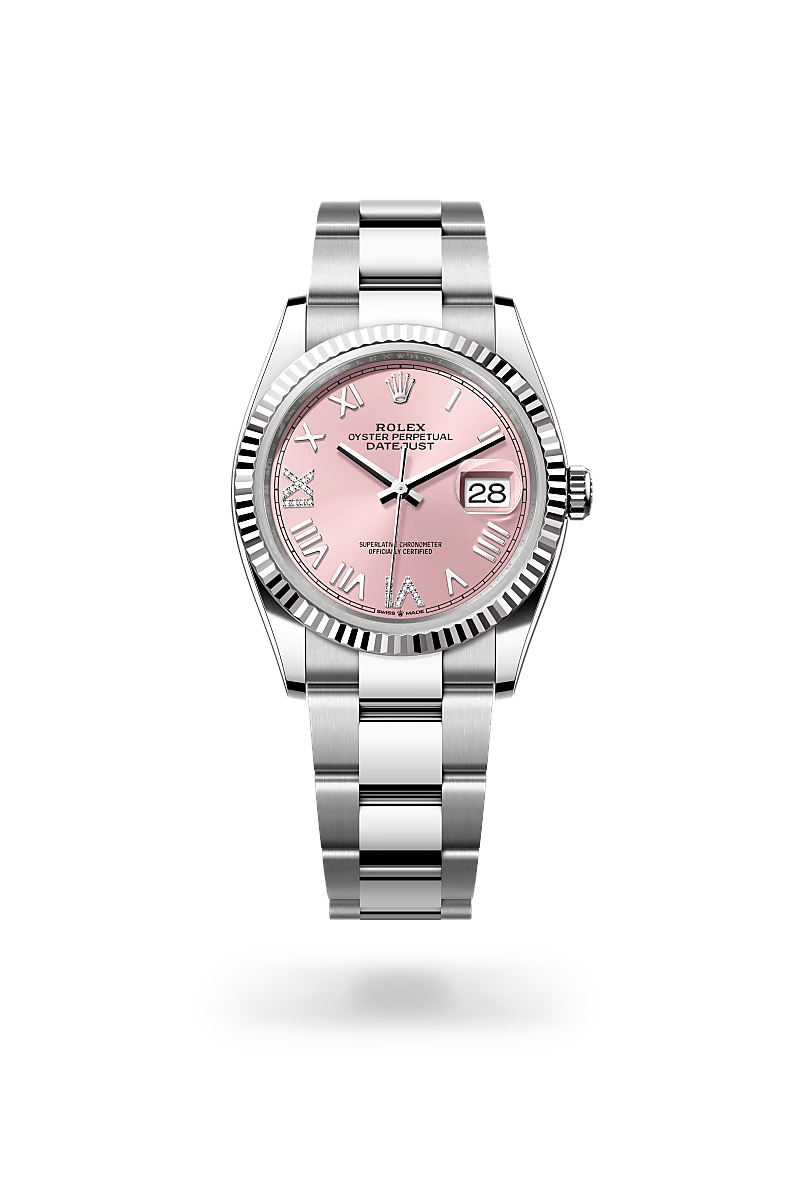 Rolex Datejust 36 in White Rolesor with fluted white gold bezel, pink sunray dial set with diamonds at VI and IX, and three-piece Oyster bracelet with Oysterclasp. - Chang Ein Hong