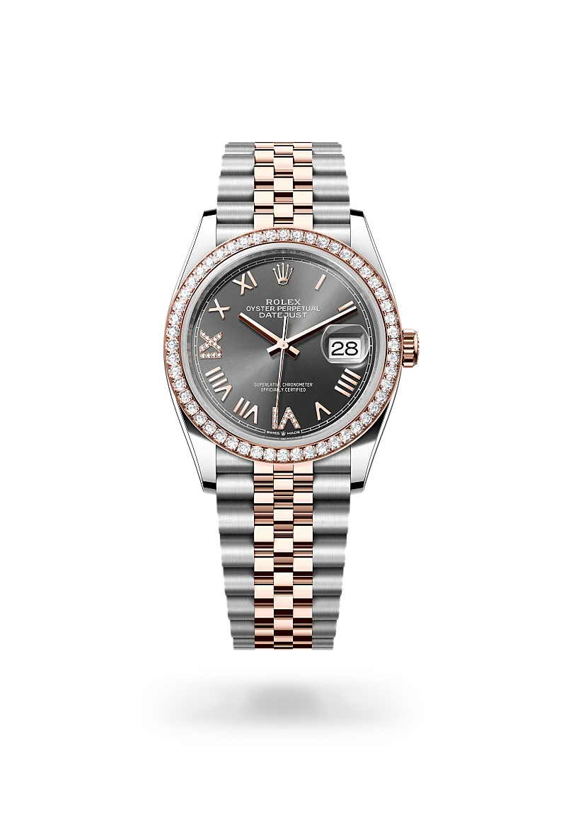 Rolex Datejust 36 in Everose Rolesor with diamond-set bezel, slate sunray dial with diamond-set Roman numerals at VI and IX, date display, and Jubilee bracelet. - Chang Ein Hong
