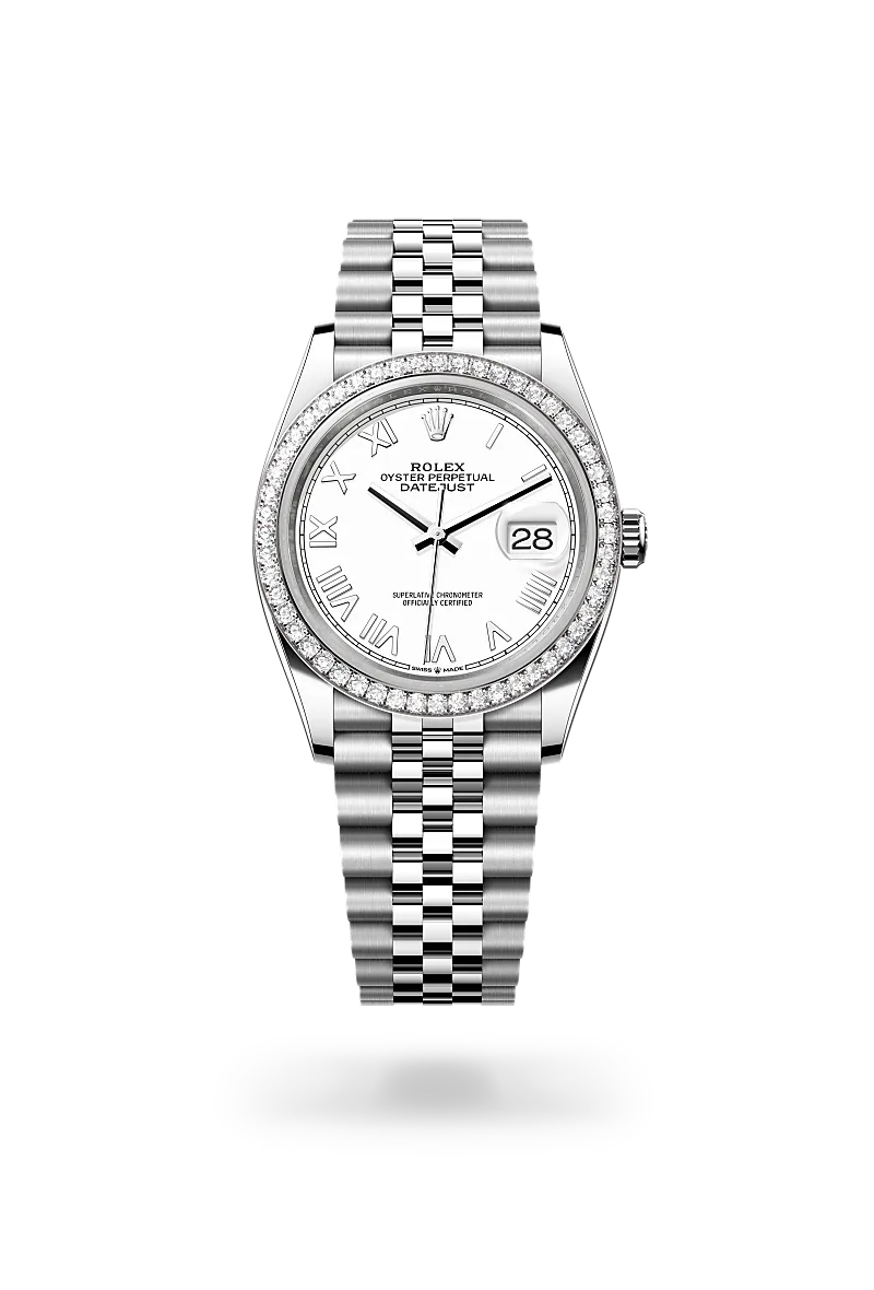 Rolex Datejust 36 in White Rolesor with diamond-set white gold bezel, white lacquer Roman numeral dial, date aperture at 3 o'clock, and five-piece Jubilee bracelet. - Chang Ein Hong