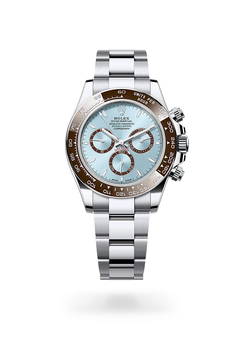 Rolex Cosmograph Daytona in platinum with ice blue dial, brown Cerachrom tachymeter bezel, brown subdials and Oyster bracelet - Chang Ein Hong