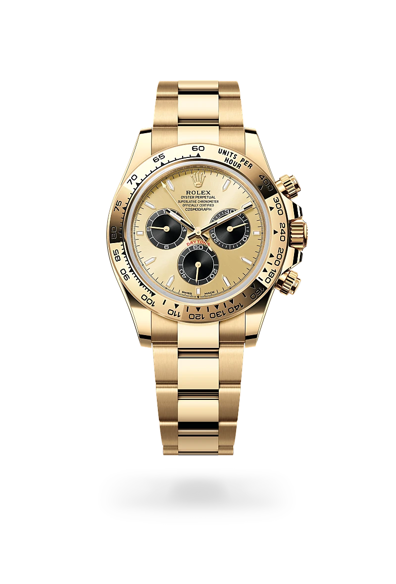 Rolex Cosmograph Daytona in 18ct yellow gold with engraved tachymetric bezel, golden and black chronograph dial with three counters, and three-piece Oyster bracelet. - Chang Ein Hong