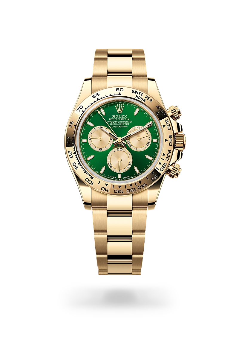 Rolex Cosmograph Daytona in 18 ct yellow gold with green dial, yellow gold subdials, yellow gold tachymeter bezel and Oyster bracelet - Chang Ein Hong