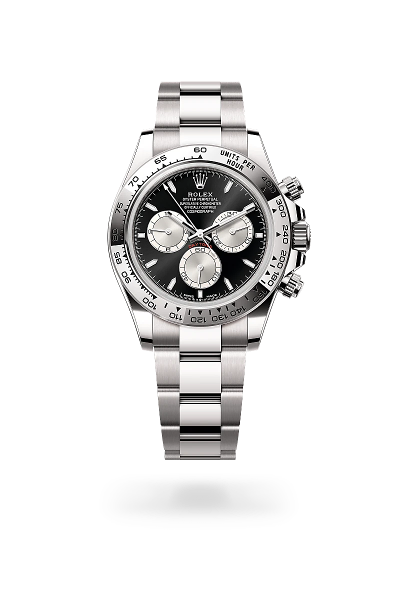 Rolex Cosmograph Daytona in 18 ct white gold with black dial, silver subdials, black Cerachrom tachymeter bezel and Oyster bracelet - Chang Ein Hong