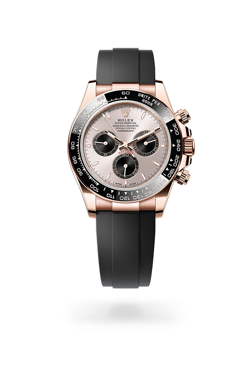 Rolex Cosmograph Daytona in 18 ct Everose gold with sundust dial, black subdials, black Cerachrom tachymeter bezel and Oysterflex bracelet - Chang Ein Hong
