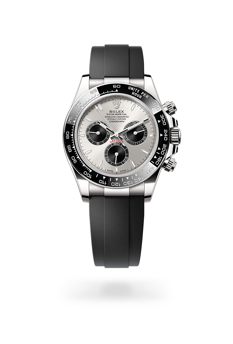 Rolex Cosmograph Daytona in 18ct white gold with black Cerachrom tachymetric bezel, steel and black chronograph dial with three counters, and black Oysterflex bracelet. - Chang Ein Hong