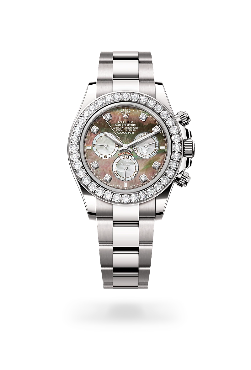 Rolex Cosmograph Daytona in 18ct white gold with diamond-set bezel, black and white mother-of-pearl chronograph dial set with diamonds, and Oyster bracelet. - Chang Ein Hong