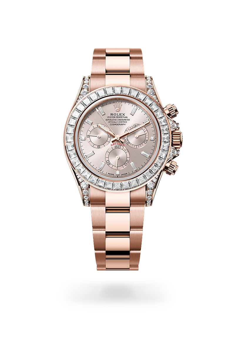 Rolex Cosmograph Daytona in 18ct Everose gold with trapeze-cut diamond bezel, sundust diamond-set chronograph dial with baguette hour markers, and Oyster bracelet. - Chang Ein Hong