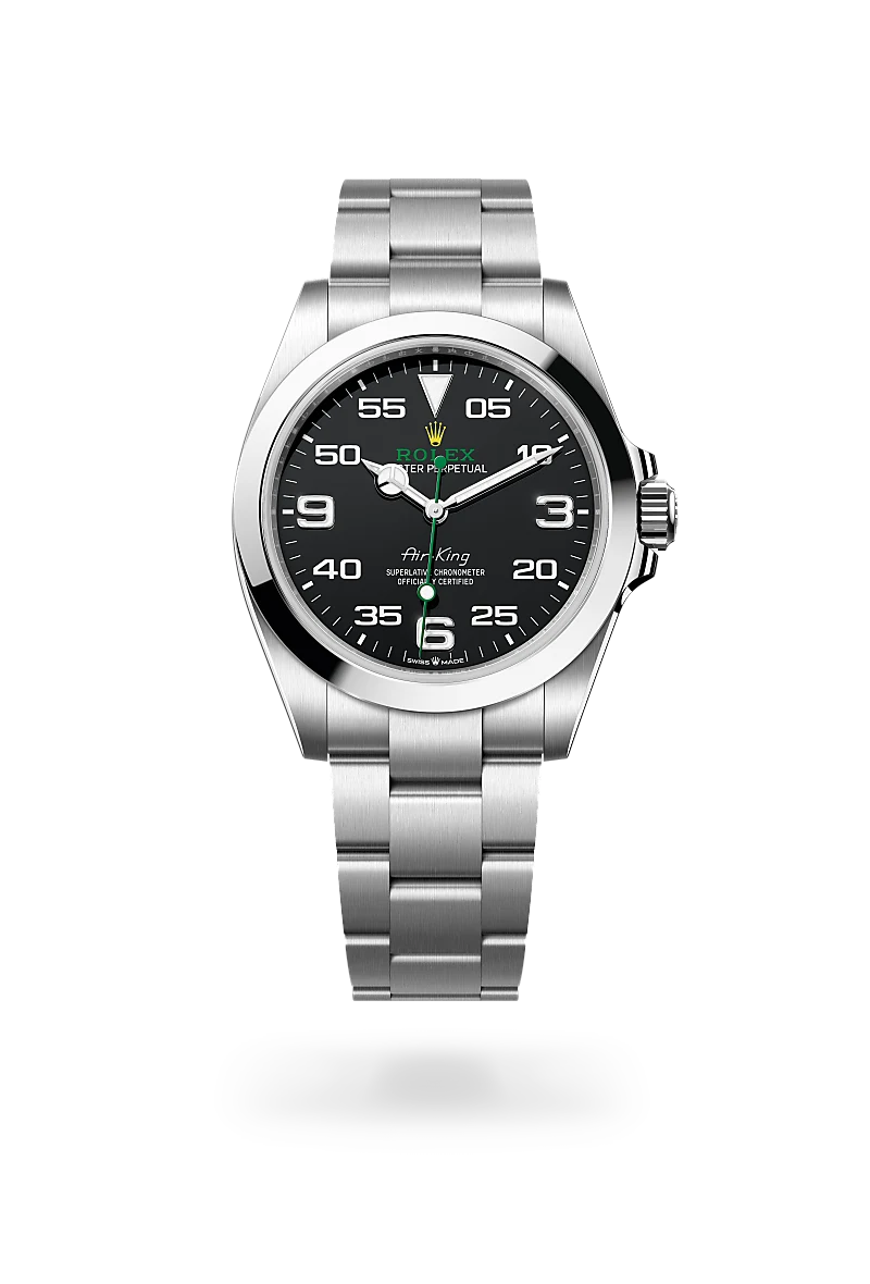 Rolex Air-King in Oystersteel with black dial, Arabic numeral hour markers, green Rolex signature and Oyster bracelet - Chang Ein Hong