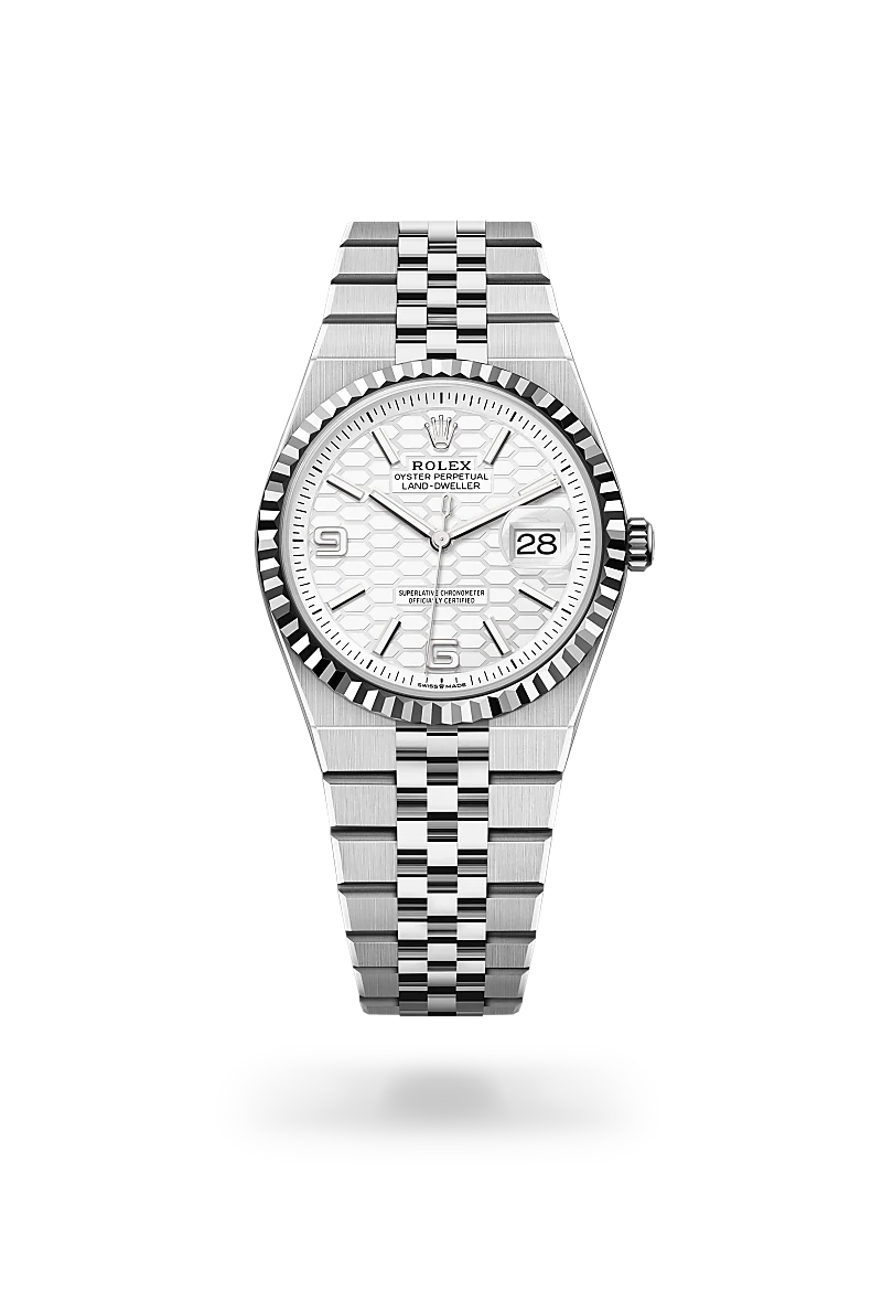 Rolex Land-Dweller in white Rolesor with white honeycomb motif dial, Arabic numeral hour markers, fluted white gold bezel and Jubilee bracelet - Chang Ein Hong