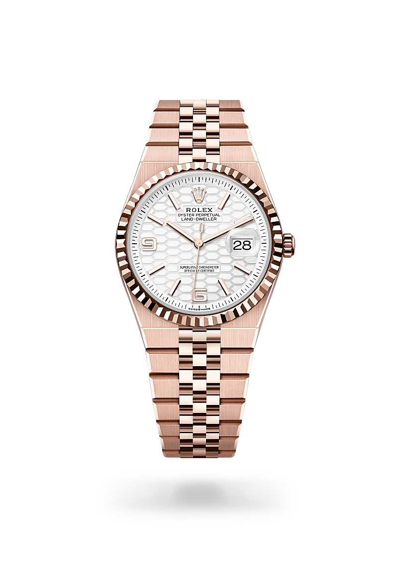 Rolex Land-Dweller in 18 ct Everose gold with white honeycomb motif dial, Arabic numeral hour markers, fluted Everose gold bezel and Jubilee bracelet - Chang Ein Hong