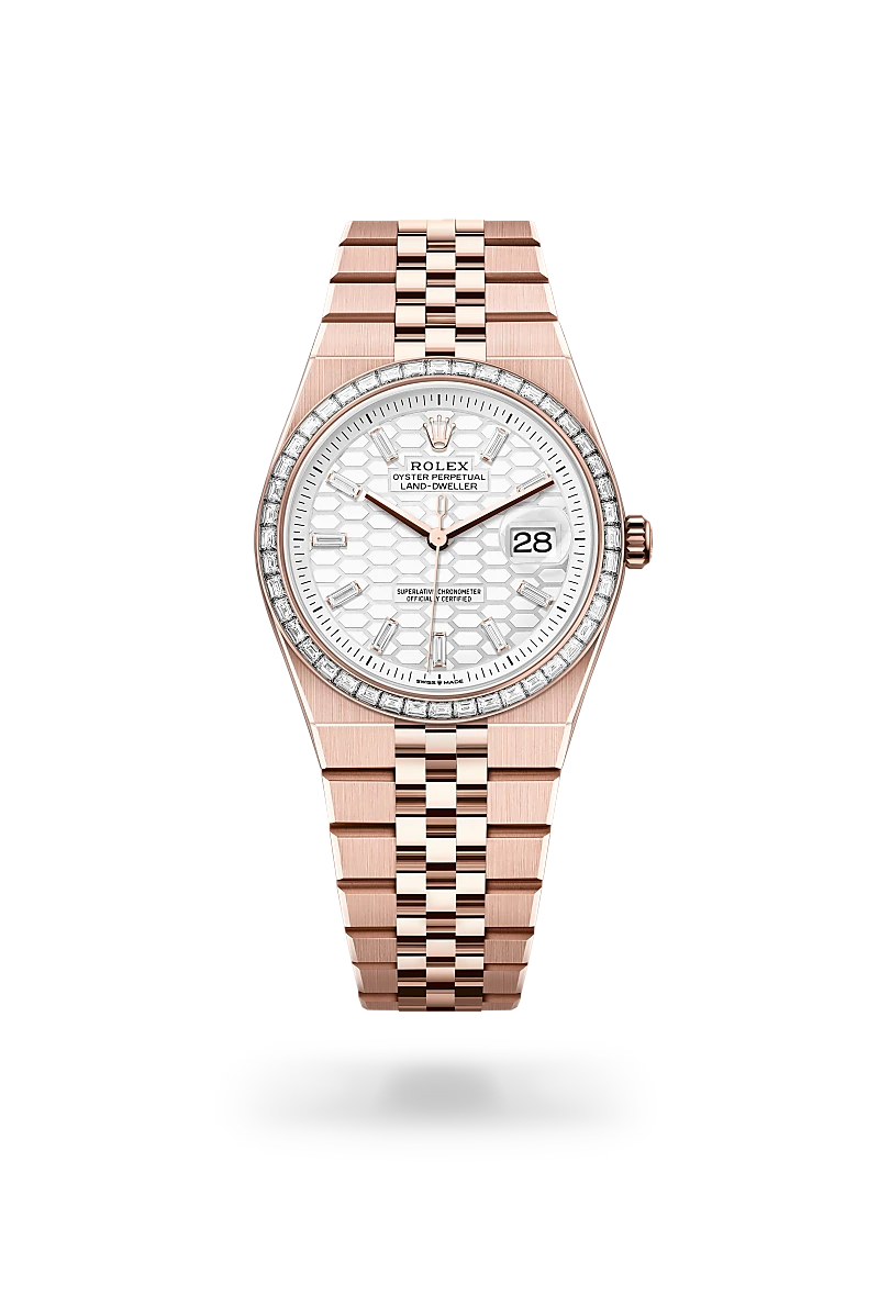 Rolex Land-Dweller in 18 ct Everose gold with white honeycomb motif dial, Arabic numeral markers, baguette diamond-set bezel and Jubilee bracelet - Chang Ein Hong