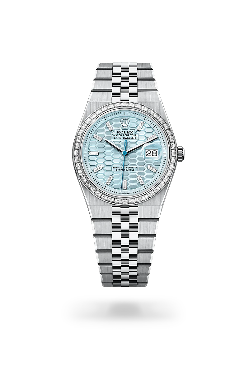 Rolex Land-Dweller in platinum with ice blue honeycomb motif dial, diamond hour markers, baguette diamond-set bezel and Jubilee bracelet - Chang Ein Hong
