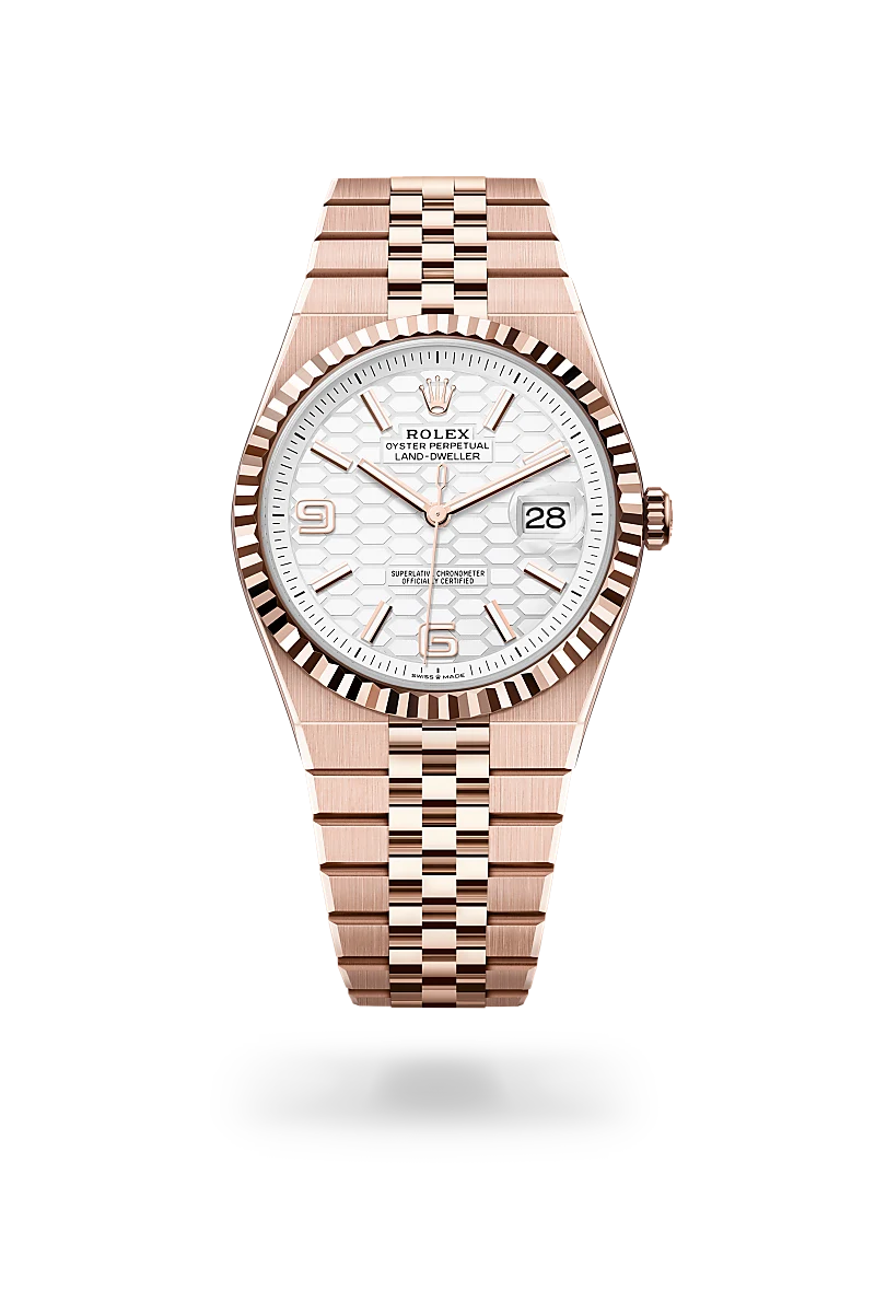 Rolex Land-Dweller in 18 ct Everose gold with white honeycomb motif dial, index hour markers, fluted Everose gold bezel and Jubilee bracelet - Chang Ein Hong