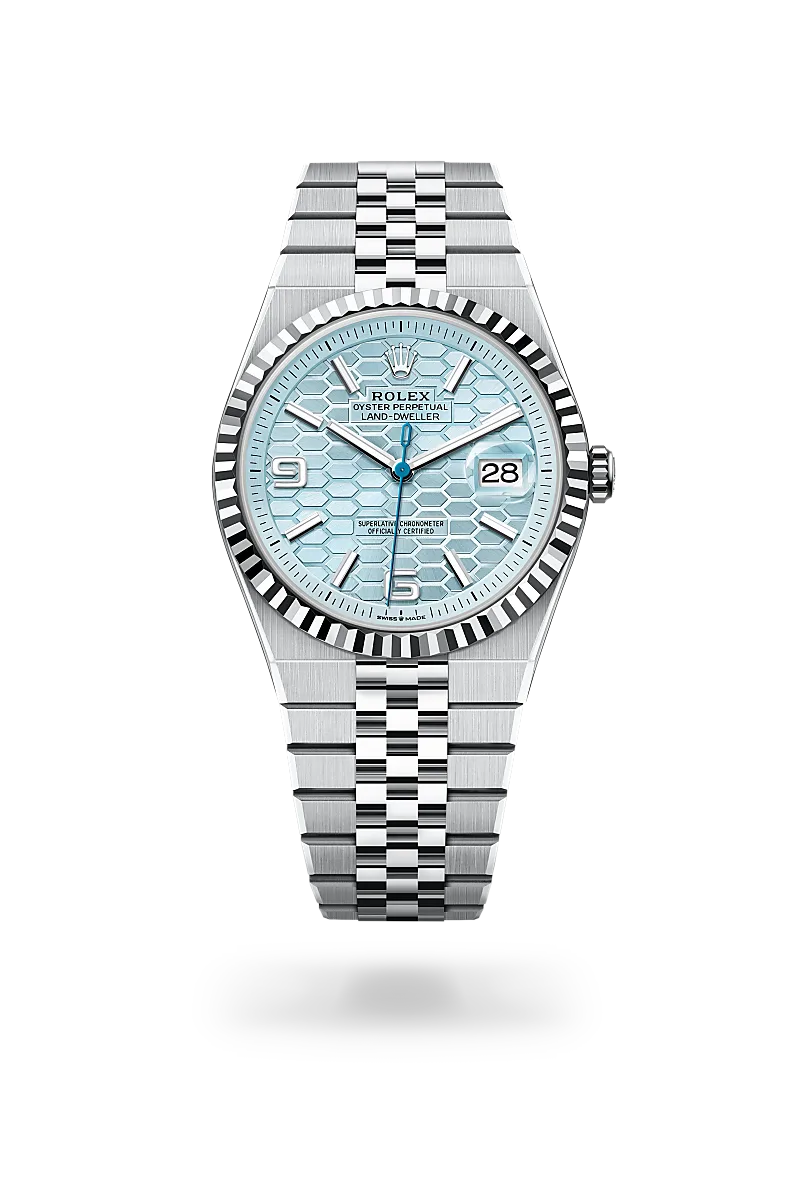 Rolex Land-Dweller in platinum with ice blue honeycomb motif dial, Arabic numeral hour markers, fluted platinum bezel and Jubilee bracelet - Chang Ein Hong
