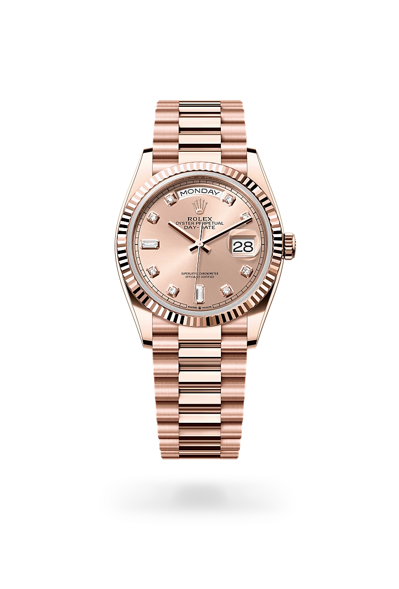 Rolex Day-Date 36 in 18 ct Everose gold with rose dial, mixed diamond hour markers, fluted Everose gold bezel and President bracelet - Chang Ein Hong