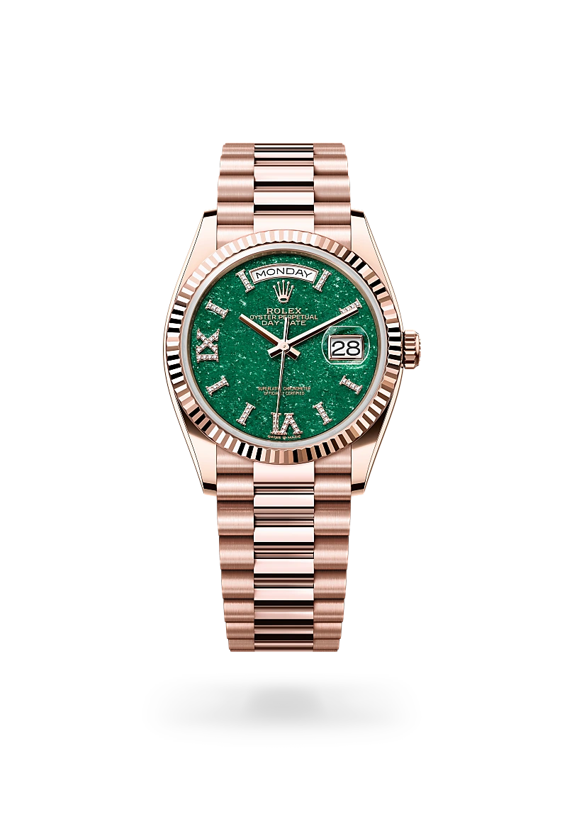 Rolex Day-Date 36 in 18ct Everose gold with fluted bezel, green aventurine dial with diamond-set Roman numeral markers, day and date displays, and President bracelet. - Chang Ein Hong