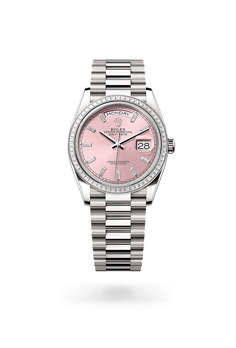 Rolex Day-Date 36 in 18 ct white gold with pink dial, baguette diamond hour markers, baguette diamond-set bezel and President bracelet - Chang Ein Hong