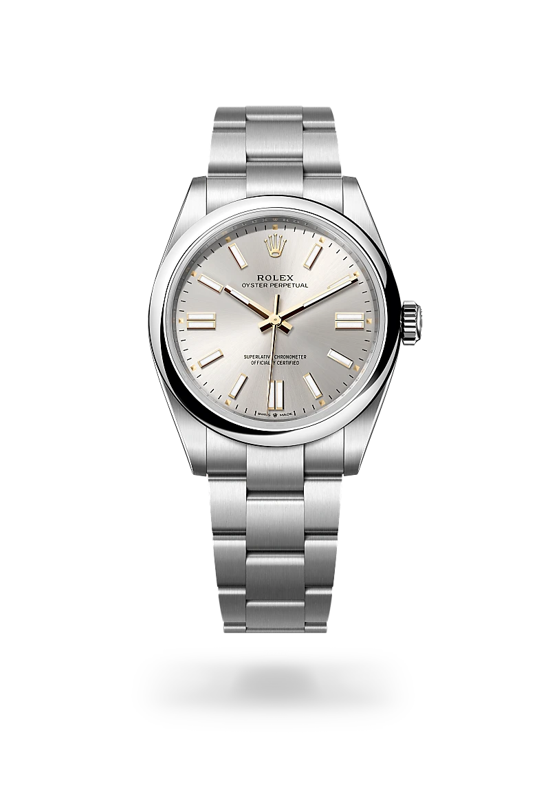Rolex Oyster Perpetual 41 in Oystersteel with domed bezel, silver sunray dial with applied index hour markers, and three-piece Oyster bracelet with Oysterclasp. - Chang Ein Hong